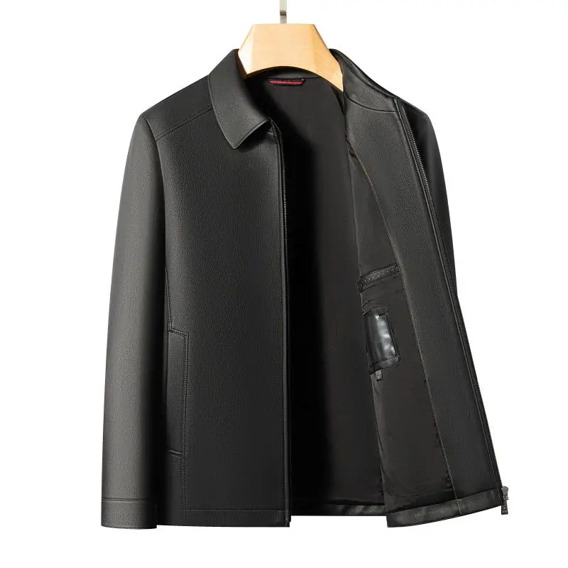 Spring and Autumn's New Haining Casual Leather Jacket, Men's Lapel Leather Jacket, High-End Large-Sized Goatskin Coat