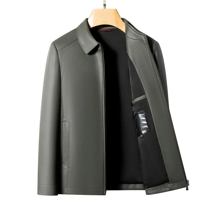 Spring and Autumn's New Haining Casual Leather Jacket, Men's Lapel Leather Jacket, High-End Large-Sized Goatskin Coat