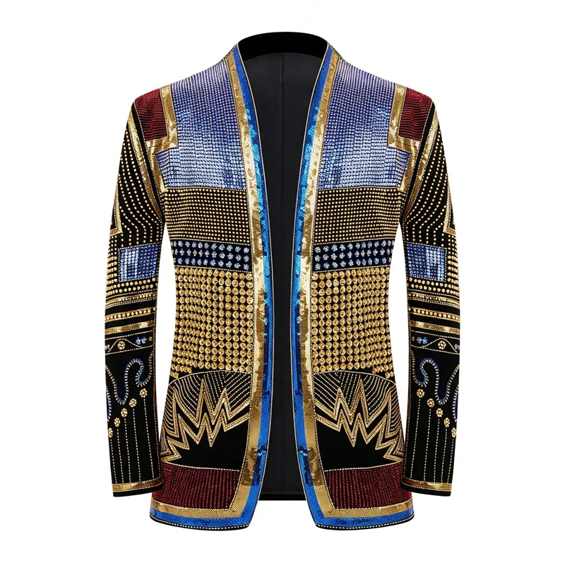 Men African Inspired Multicolor Sequin Blazer Shawl Lapel Gold Geometric Pattern Slim Fit Jacket Wedding Groom Tuxedo For Party Prom