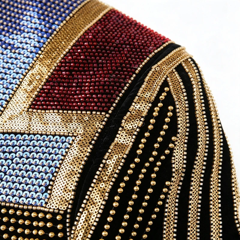 Men African Inspired Multicolor Sequin Blazer Shawl Lapel Gold Geometric Pattern Slim Fit Jacket Wedding Groom Tuxedo For Party Prom