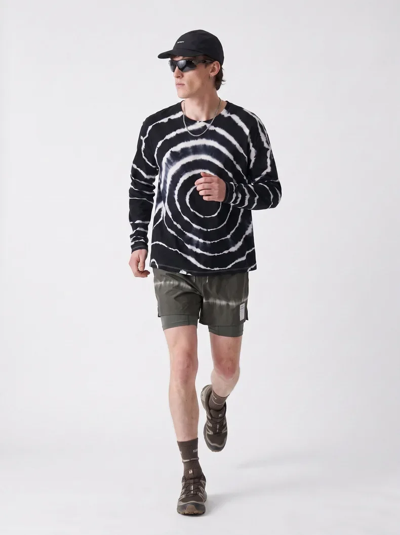 Men's Black & White Tie-Dye Merino Wool Long Sleeve T-Shirt – Soft & Stretchy Outdoor Base Hiking & Running