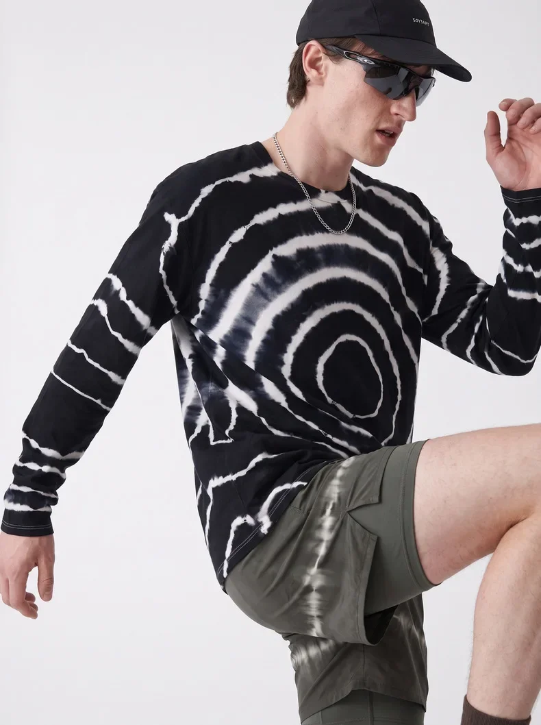 Men's Black & White Tie-Dye Merino Wool Long Sleeve T-Shirt – Soft & Stretchy Outdoor Base Hiking & Running