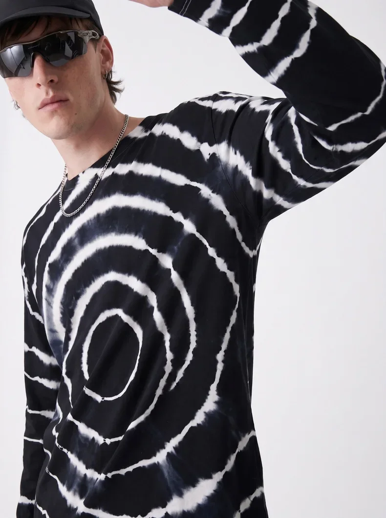 Men's Black & White Tie-Dye Merino Wool Long Sleeve T-Shirt – Soft & Stretchy Outdoor Base Hiking & Running