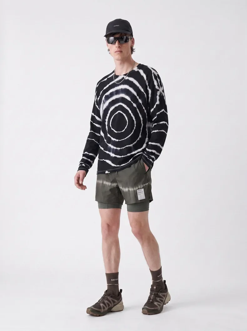 Men's Black & White Tie-Dye Merino Wool Long Sleeve T-Shirt – Soft & Stretchy Outdoor Base Hiking & Running