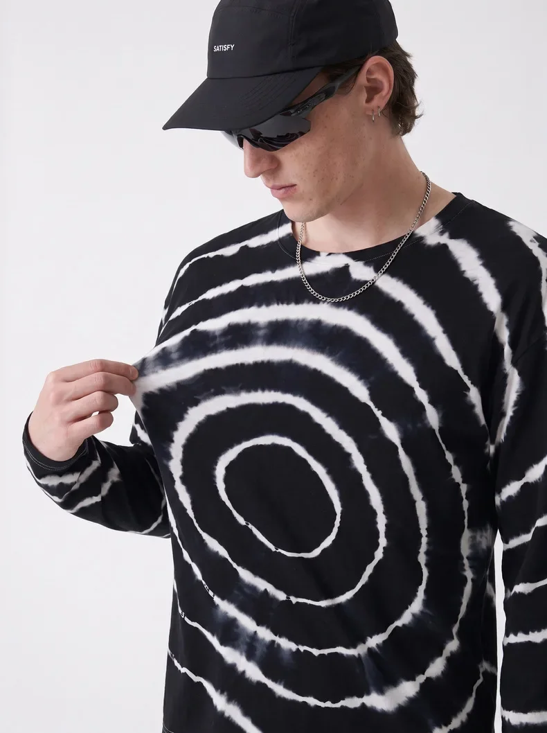 Men's Black & White Tie-Dye Merino Wool Long Sleeve T-Shirt – Soft & Stretchy Outdoor Base Hiking & Running