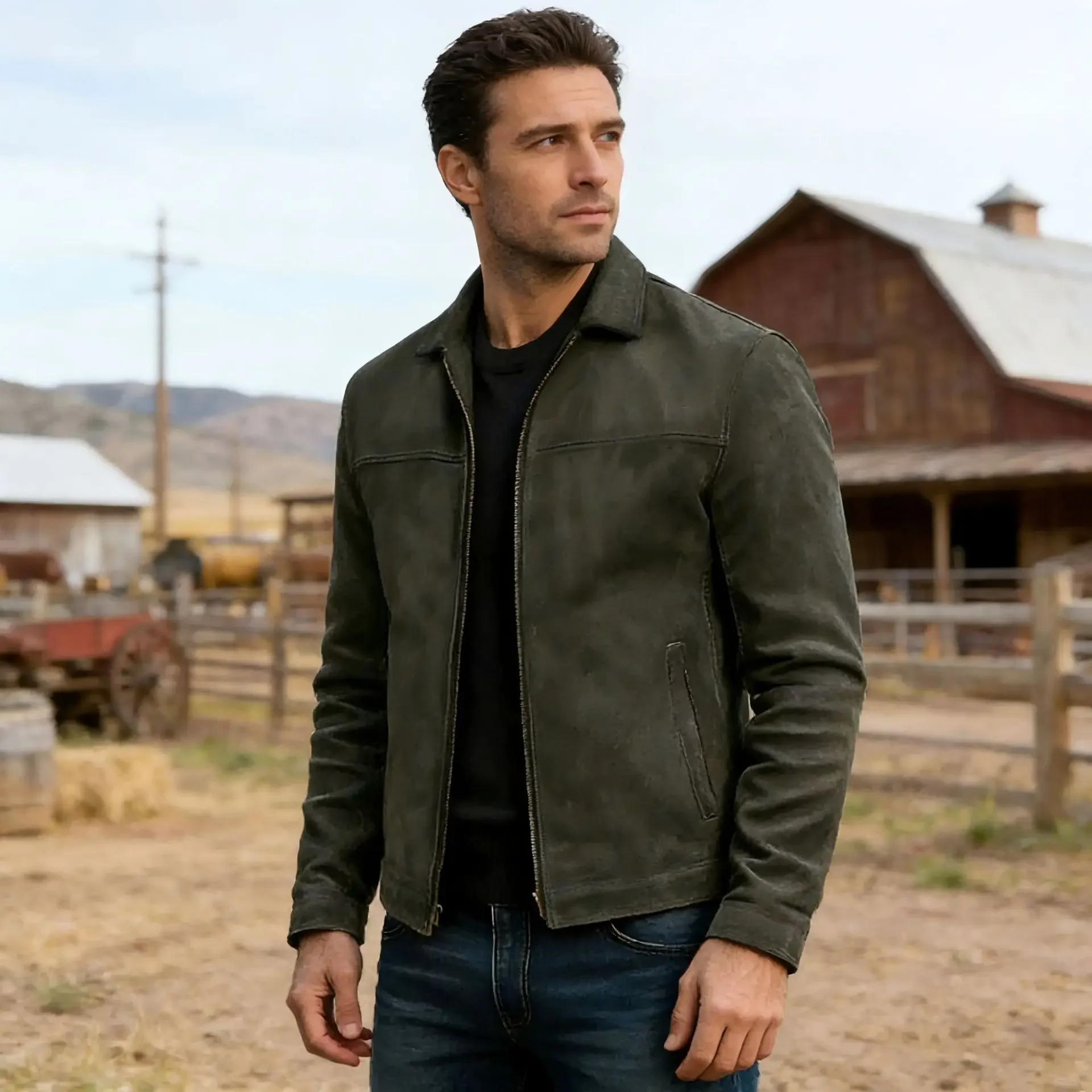 Men's Dark Green Suede Casual Wear Jacket Zip Up Turn-down Collar Slim Fit Business Outerwear for Autumn and Spring