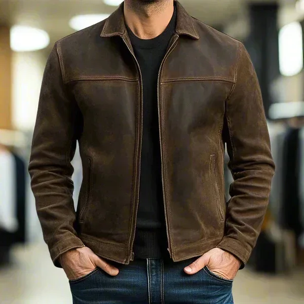 Men's Dark Green Suede Casual Wear Jacket Zip Up Turn-down Collar Slim Fit Business Outerwear for Autumn and Spring