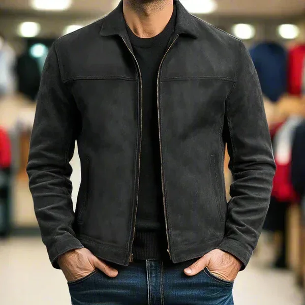 Men's Dark Green Suede Casual Wear Jacket Zip Up Turn-down Collar Slim Fit Business Outerwear for Autumn and Spring
