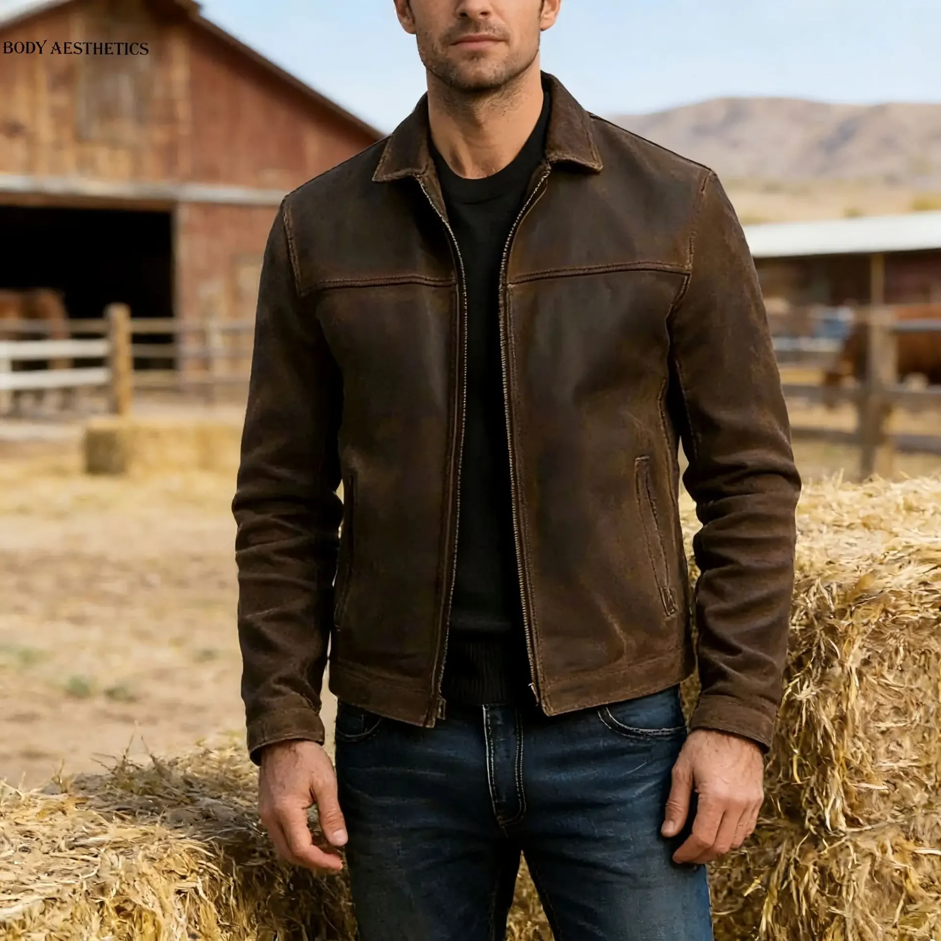 Men's Dark Green Suede Casual Wear Jacket Zip Up Turn-down Collar Slim Fit Business Outerwear for Autumn and Spring