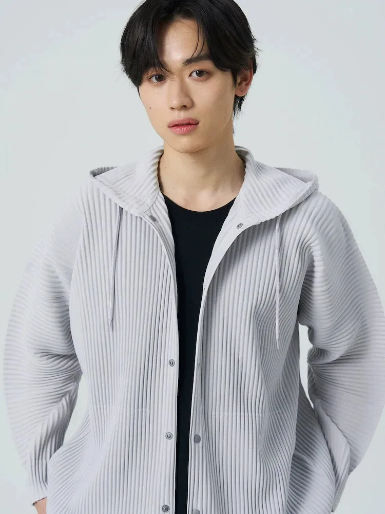 Miyake Pleated Drawstring Hooded Cardigan Men Wrinkle Resistant Relaxed Fit Long Sleeve Casual Top