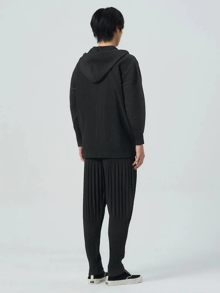 Miyake Pleated Drawstring Hooded Cardigan Men Wrinkle Resistant Relaxed Fit Long Sleeve Casual Top