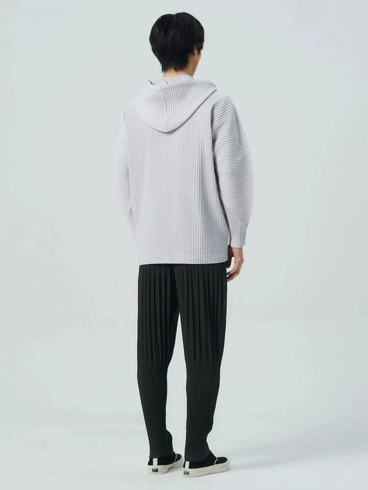 Miyake Pleated Drawstring Hooded Cardigan Men Wrinkle Resistant Relaxed Fit Long Sleeve Casual Top