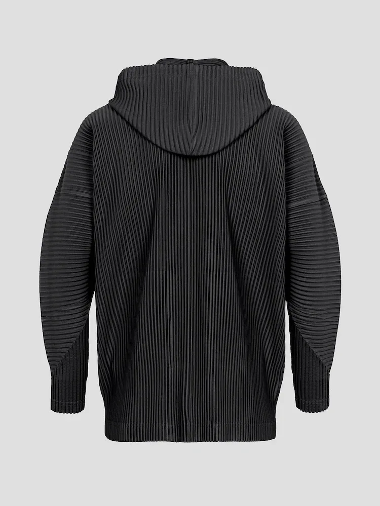 Miyake Pleated Drawstring Hooded Cardigan Men Wrinkle Resistant Relaxed Fit Long Sleeve Casual Top