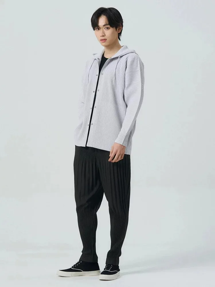 Miyake Pleated Drawstring Hooded Cardigan Men Wrinkle Resistant Relaxed Fit Long Sleeve Casual Top