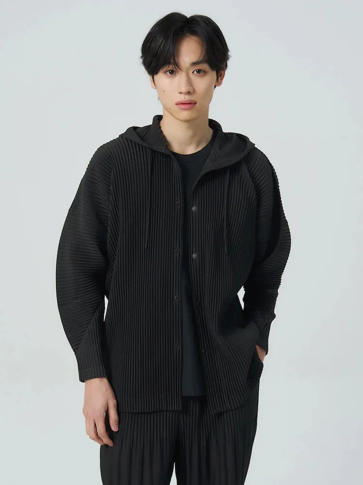 Miyake Pleated Drawstring Hooded Cardigan Men Wrinkle Resistant Relaxed Fit Long Sleeve Casual Top
