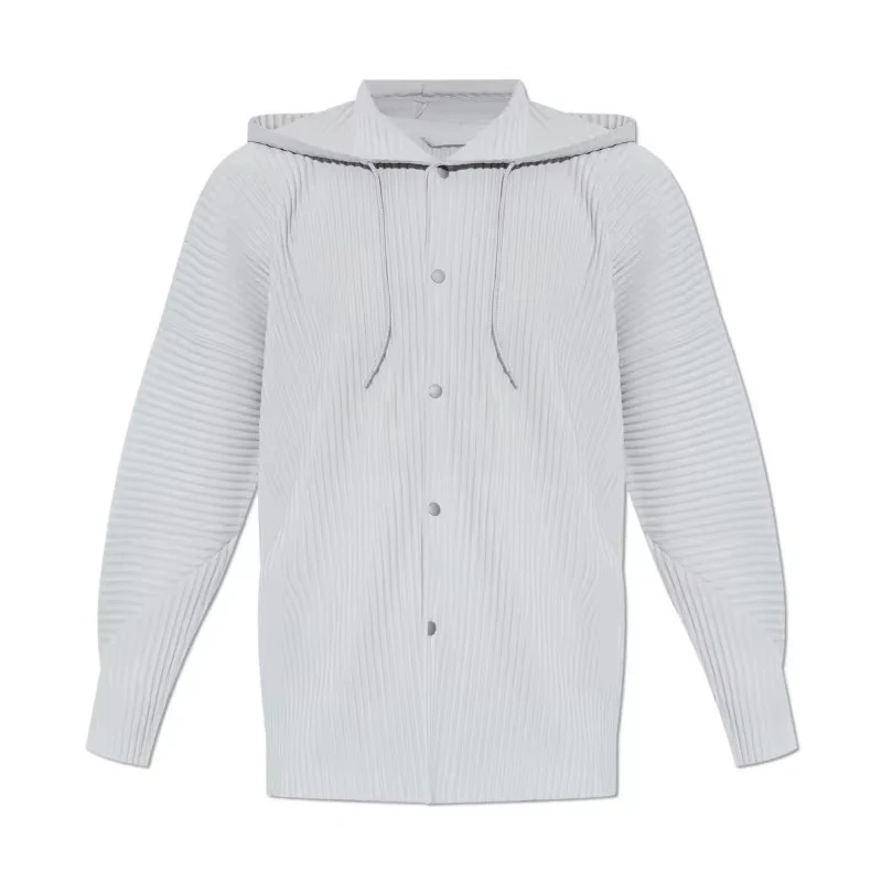 Miyake Pleated Drawstring Hooded Cardigan Men Wrinkle Resistant Relaxed Fit Long Sleeve Casual Top