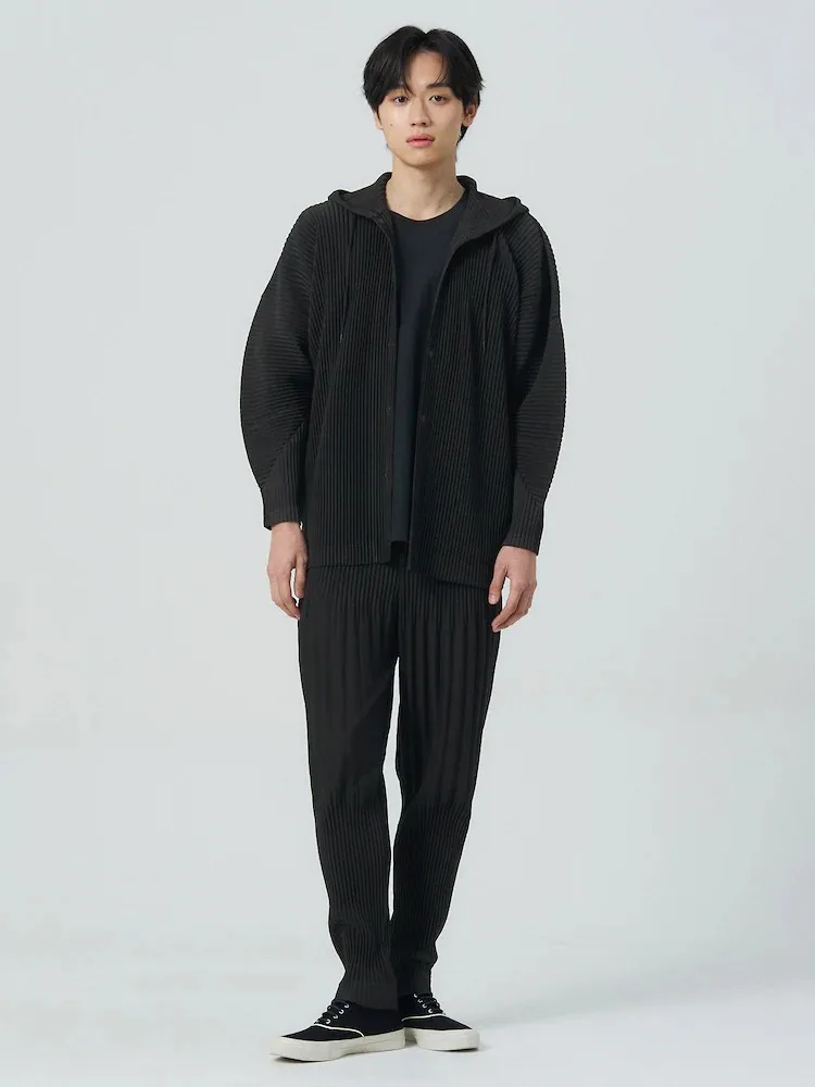 Miyake Pleated Drawstring Hooded Cardigan Men Wrinkle Resistant Relaxed Fit Long Sleeve Casual Top
