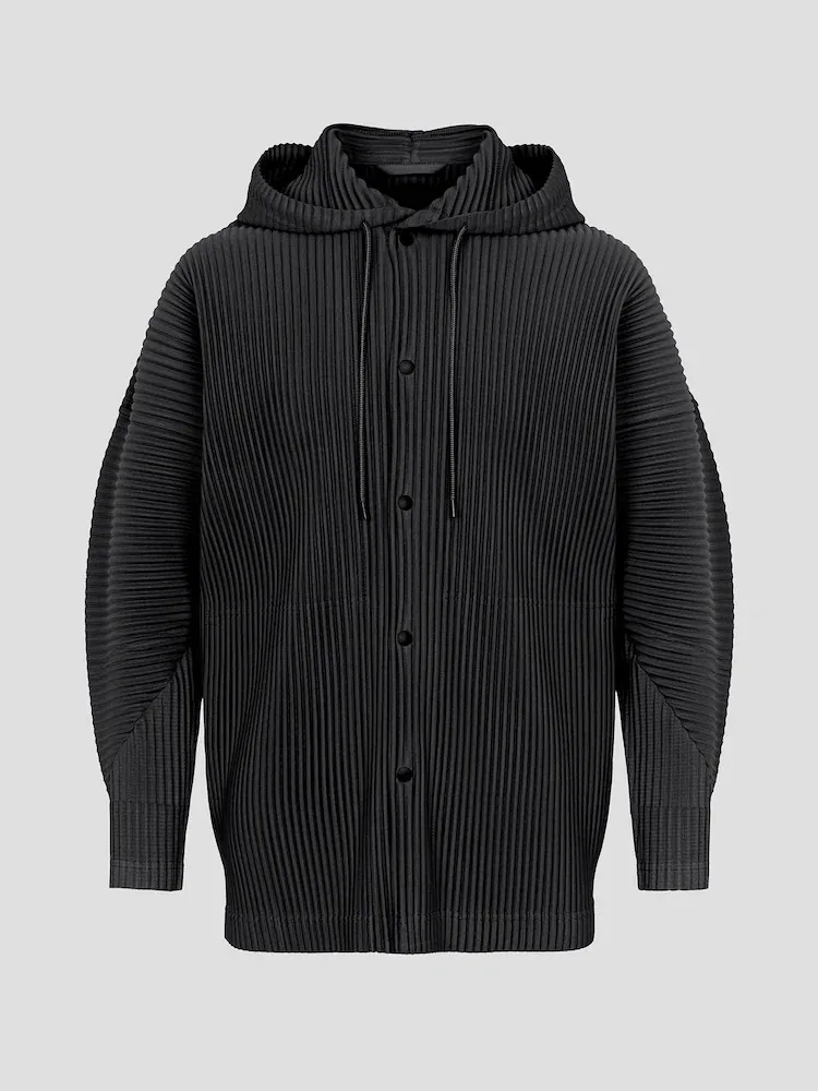 Miyake Pleated Drawstring Hooded Cardigan Men Wrinkle Resistant Relaxed Fit Long Sleeve Casual Top