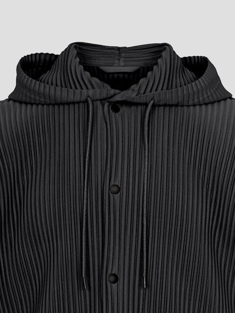 Miyake Pleated Drawstring Hooded Cardigan Men Wrinkle Resistant Relaxed Fit Long Sleeve Casual Top