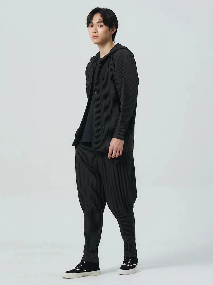 Miyake Pleated Drawstring Hooded Cardigan Men Wrinkle Resistant Relaxed Fit Long Sleeve Casual Top