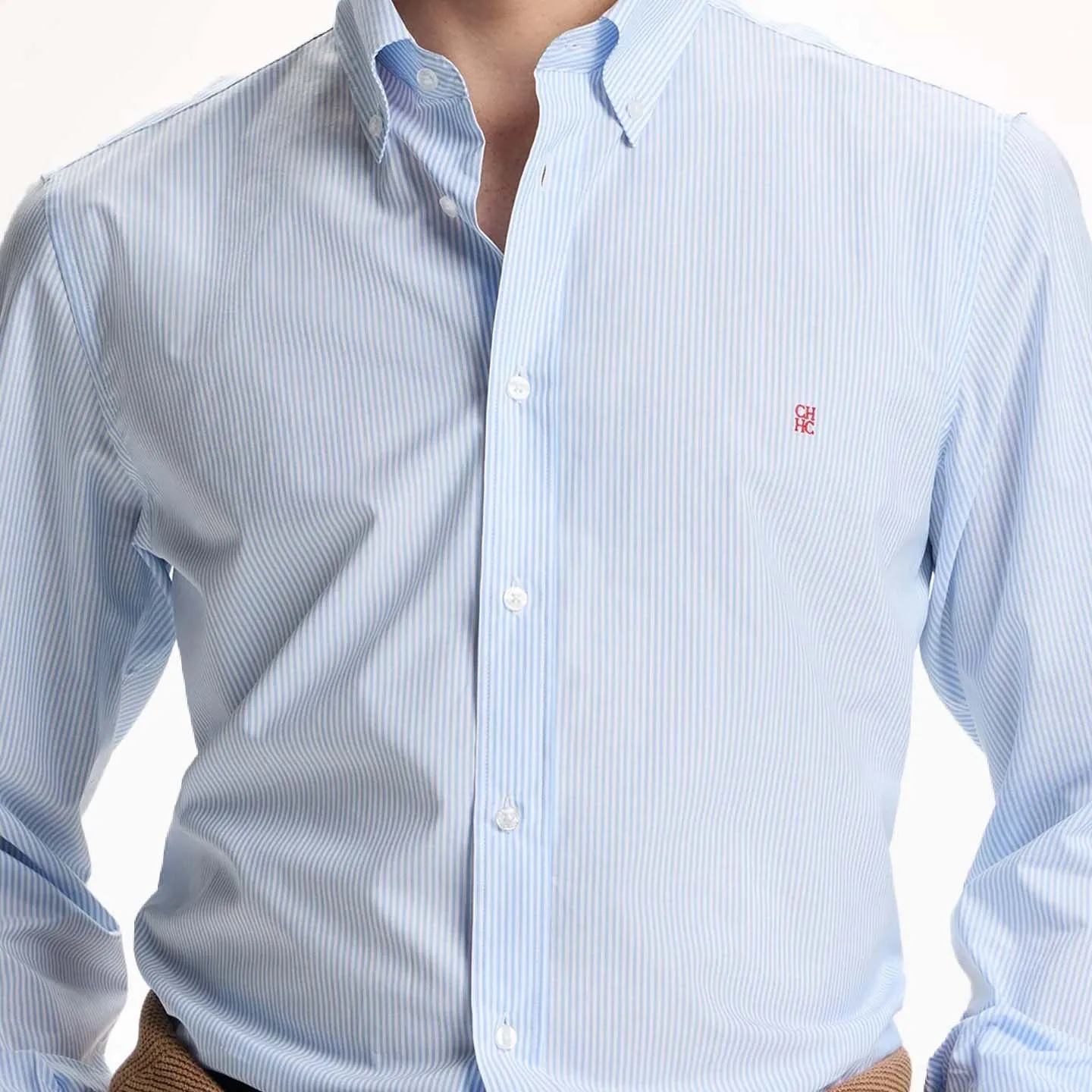 CH Letter Embroidered Solid Color Stripe Long Sleeve Shirt Men Point Collar Regular Fit Luxury Touch Premium Cotton Tops