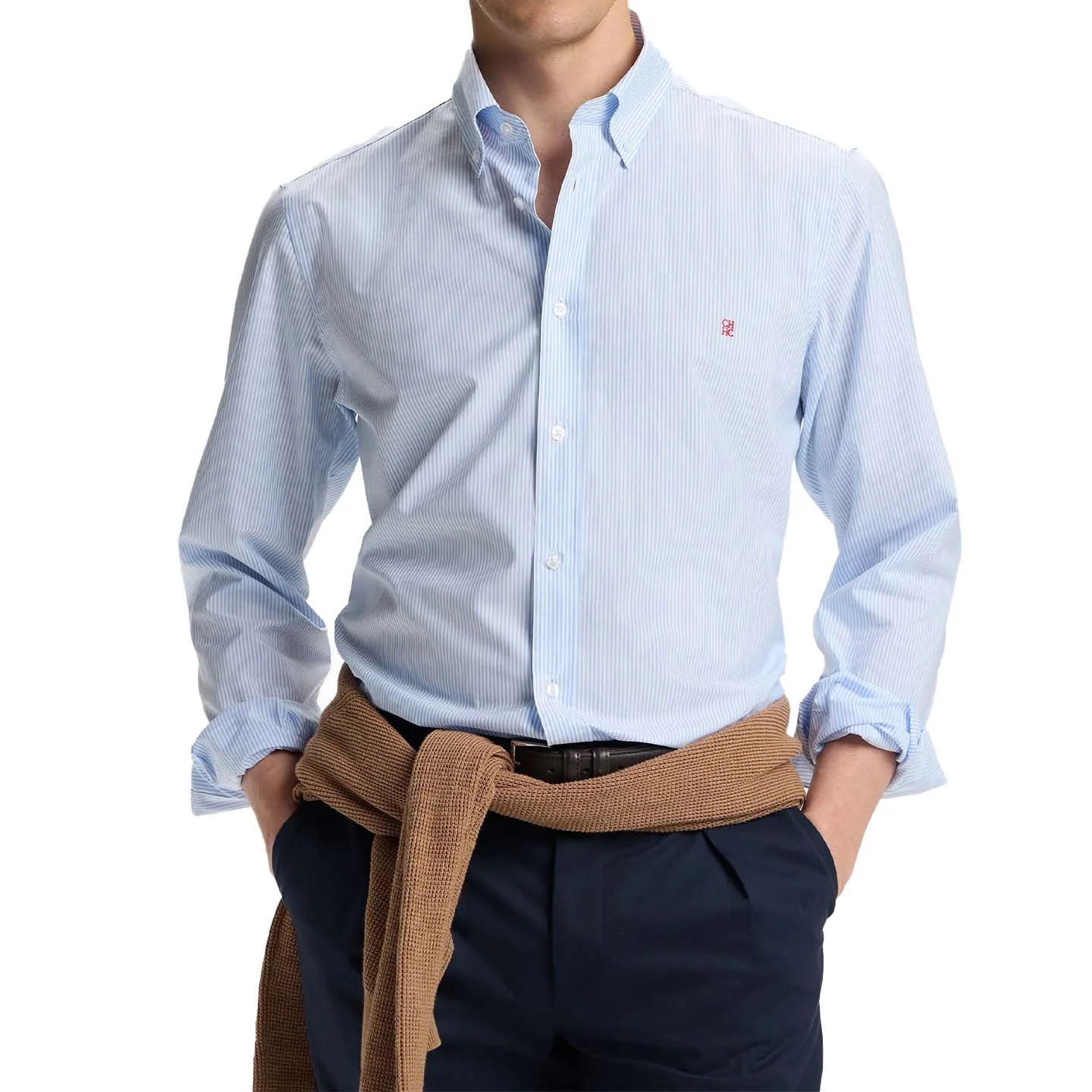 CH Letter Embroidered Solid Color Stripe Long Sleeve Shirt Men Point Collar Regular Fit Luxury Touch Premium Cotton Tops