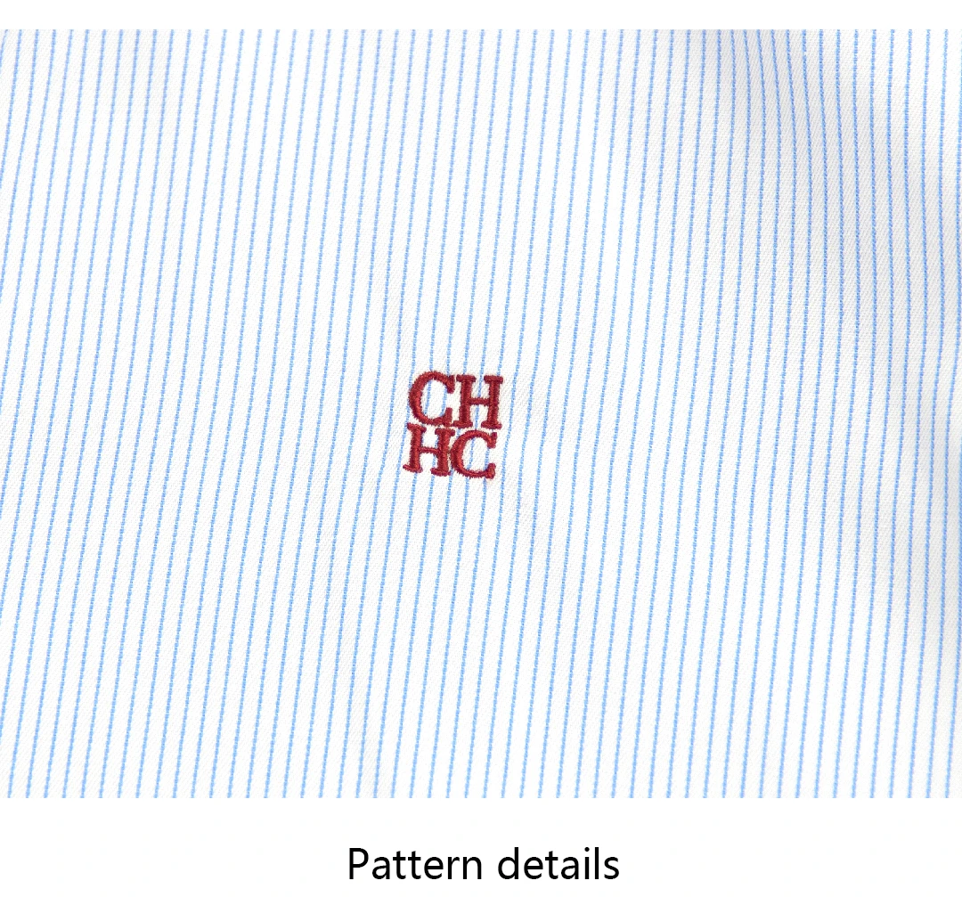 CH Letter Embroidered Solid Color Stripe Long Sleeve Shirt Men Point Collar Regular Fit Luxury Touch Premium Cotton Tops