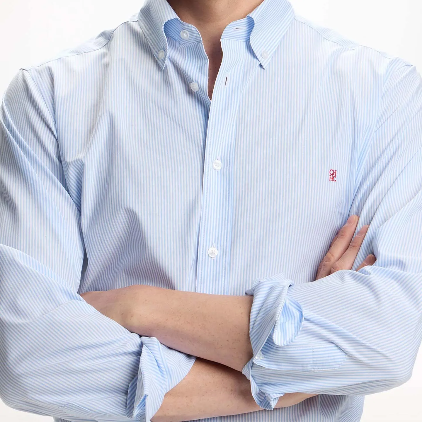 CH Letter Embroidered Solid Color Stripe Long Sleeve Shirt Men Point Collar Regular Fit Luxury Touch Premium Cotton Tops