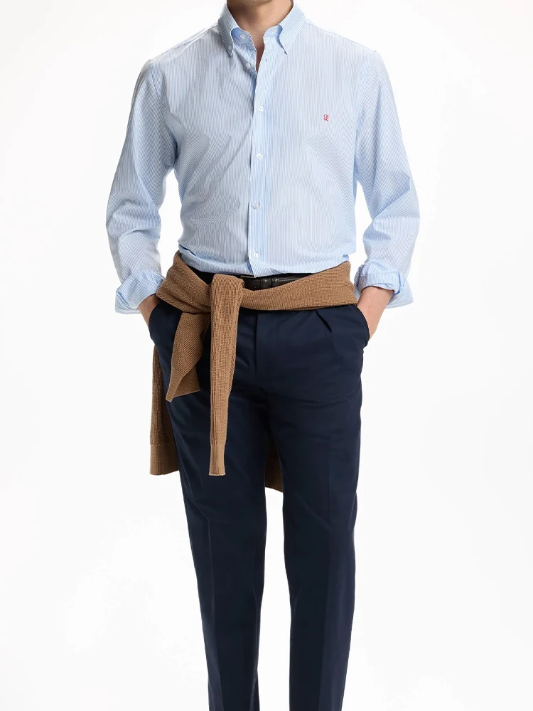 CH Letter Embroidered Solid Color Stripe Long Sleeve Shirt Men Point Collar Regular Fit Luxury Touch Premium Cotton Tops