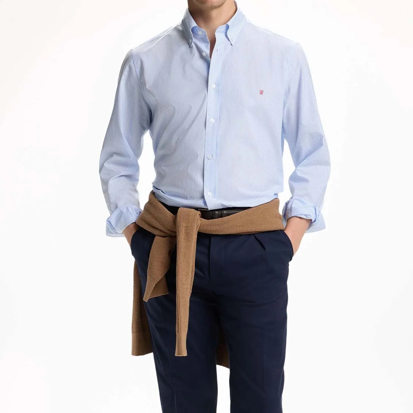 CH Letter Embroidered Solid Color Stripe Long Sleeve Shirt Men Point Collar Regular Fit Luxury Touch Premium Cotton Tops