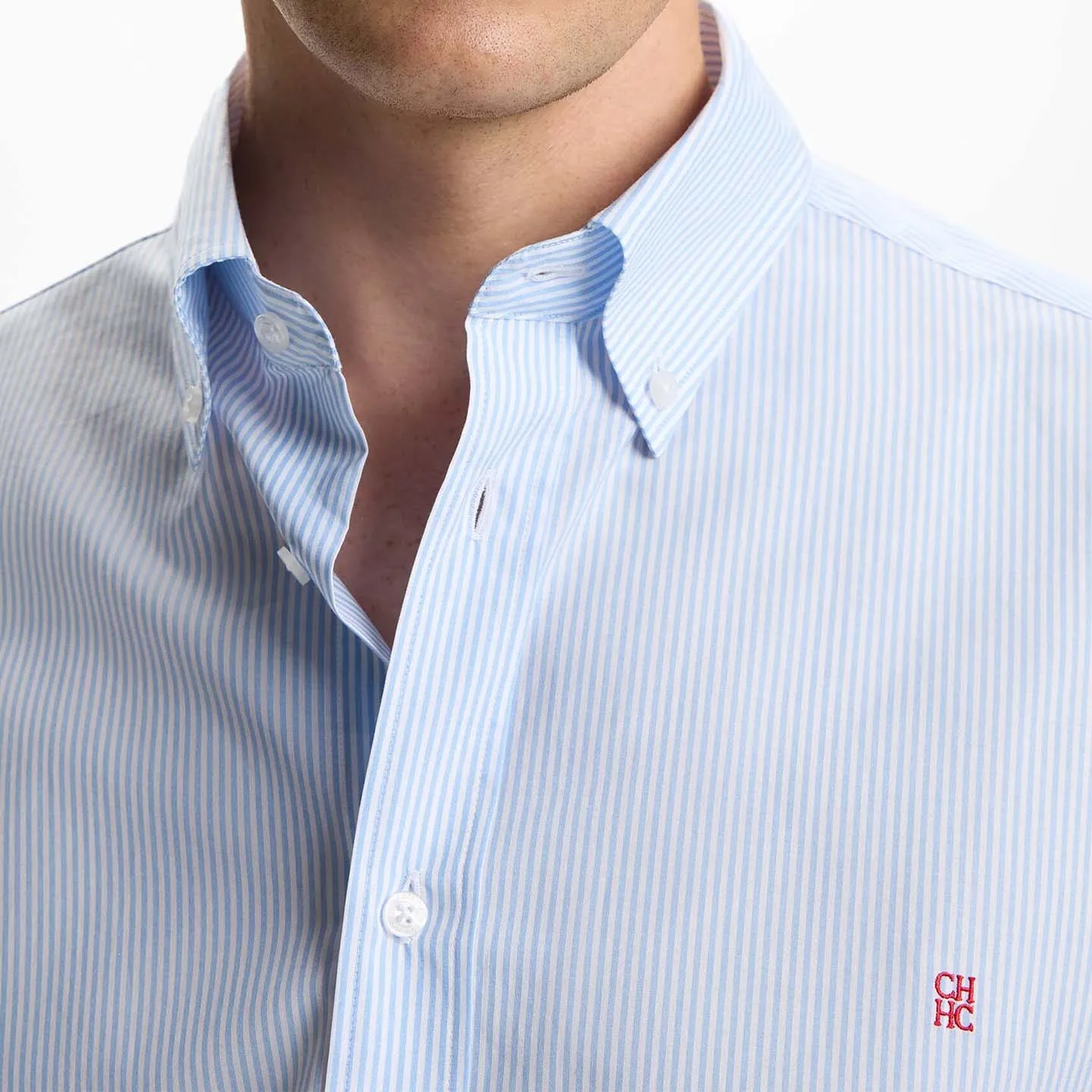 CH Letter Embroidered Solid Color Stripe Long Sleeve Shirt Men Point Collar Regular Fit Luxury Touch Premium Cotton Tops