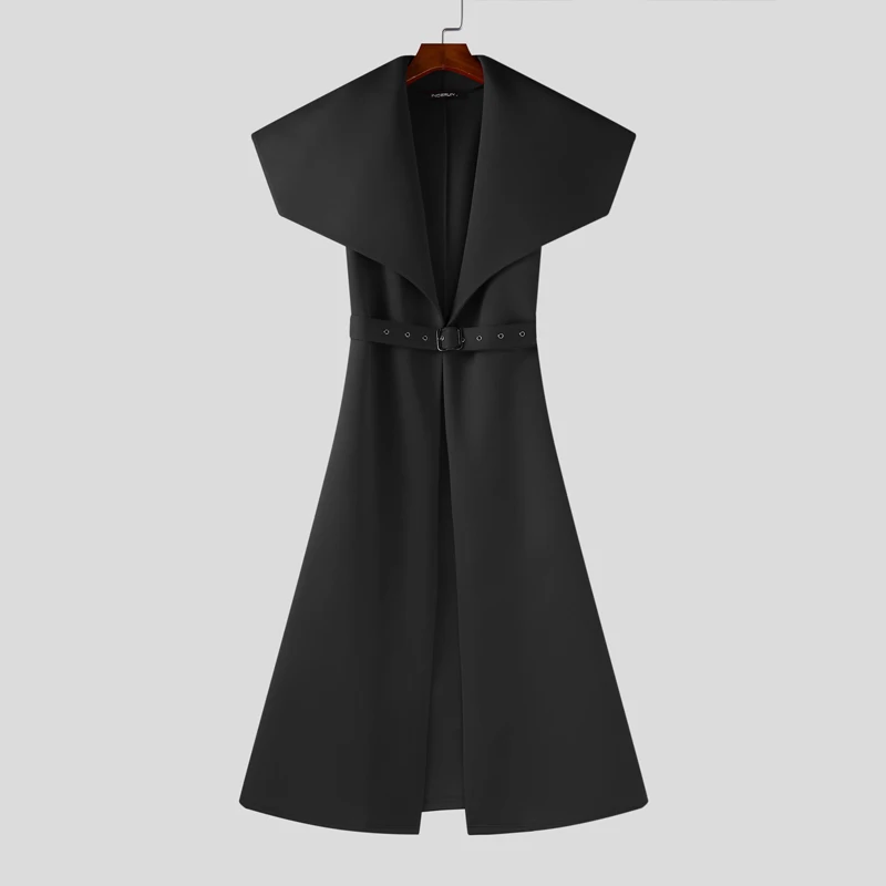 Men Long Style Trench Lapel Sleeveless Solid Color Streetwear Casual Male Cardigan With Belt 2025 Fashion Coats S-5XL INCERUN