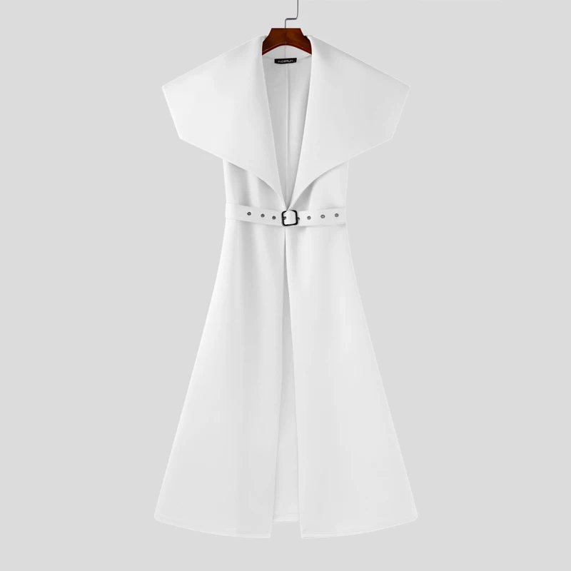 Men Long Style Trench Lapel Sleeveless Solid Color Streetwear Casual Male Cardigan With Belt 2025 Fashion Coats S-5XL INCERUN