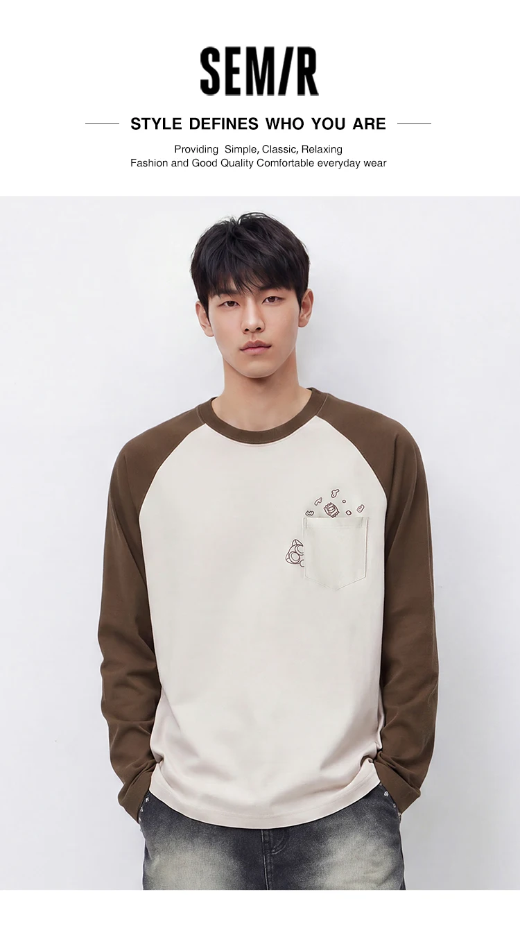 Semir Men Tshirt Long Sleeve Raglan Sleeve Retro College Style 2026 Autumn Couple Pullover Casual Everyday Top Daily