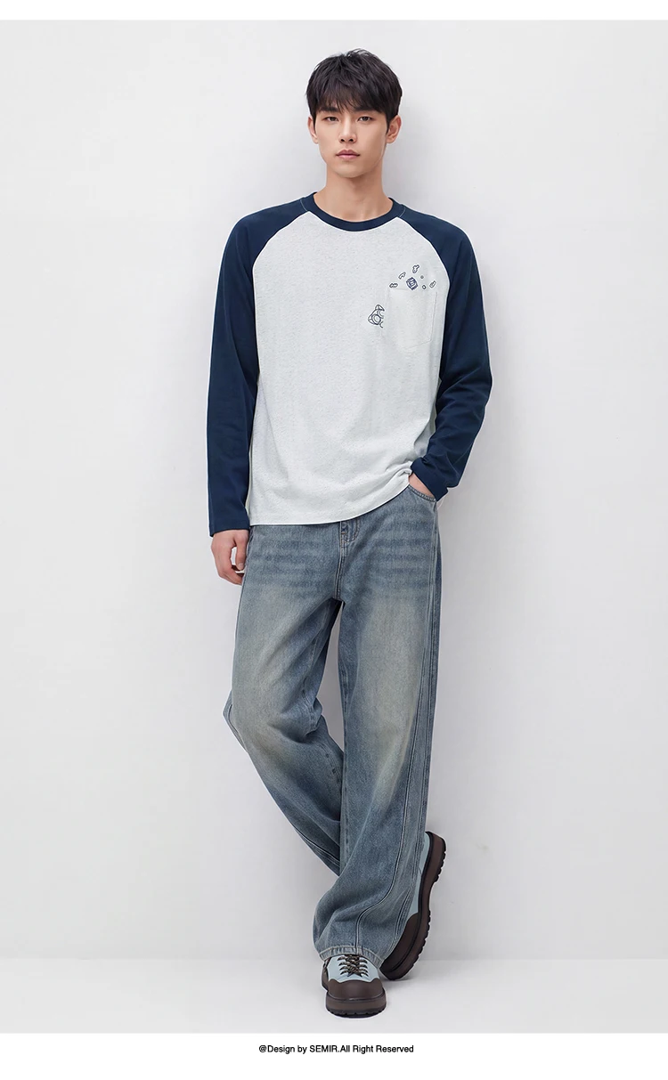 Semir Men Tshirt Long Sleeve Raglan Sleeve Retro College Style 2026 Autumn Couple Pullover Casual Everyday Top Daily