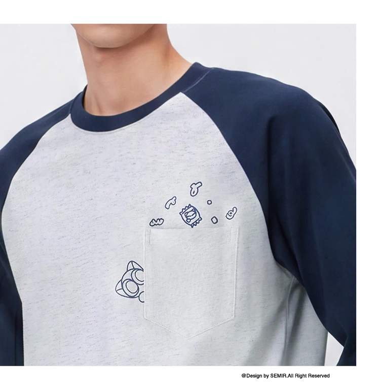 Semir Men Tshirt Long Sleeve Raglan Sleeve Retro College Style 2026 Autumn Couple Pullover Casual Everyday Top Daily