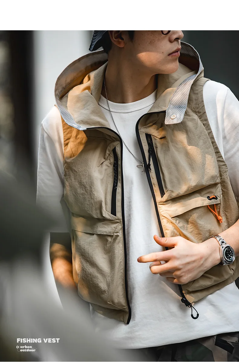 Maden Outdoor Quick Dry Men's Vest Multi-pocket Hooded Camping Fishing Mountain Waistcoat Tactical Hunting Sleeveless Jackets