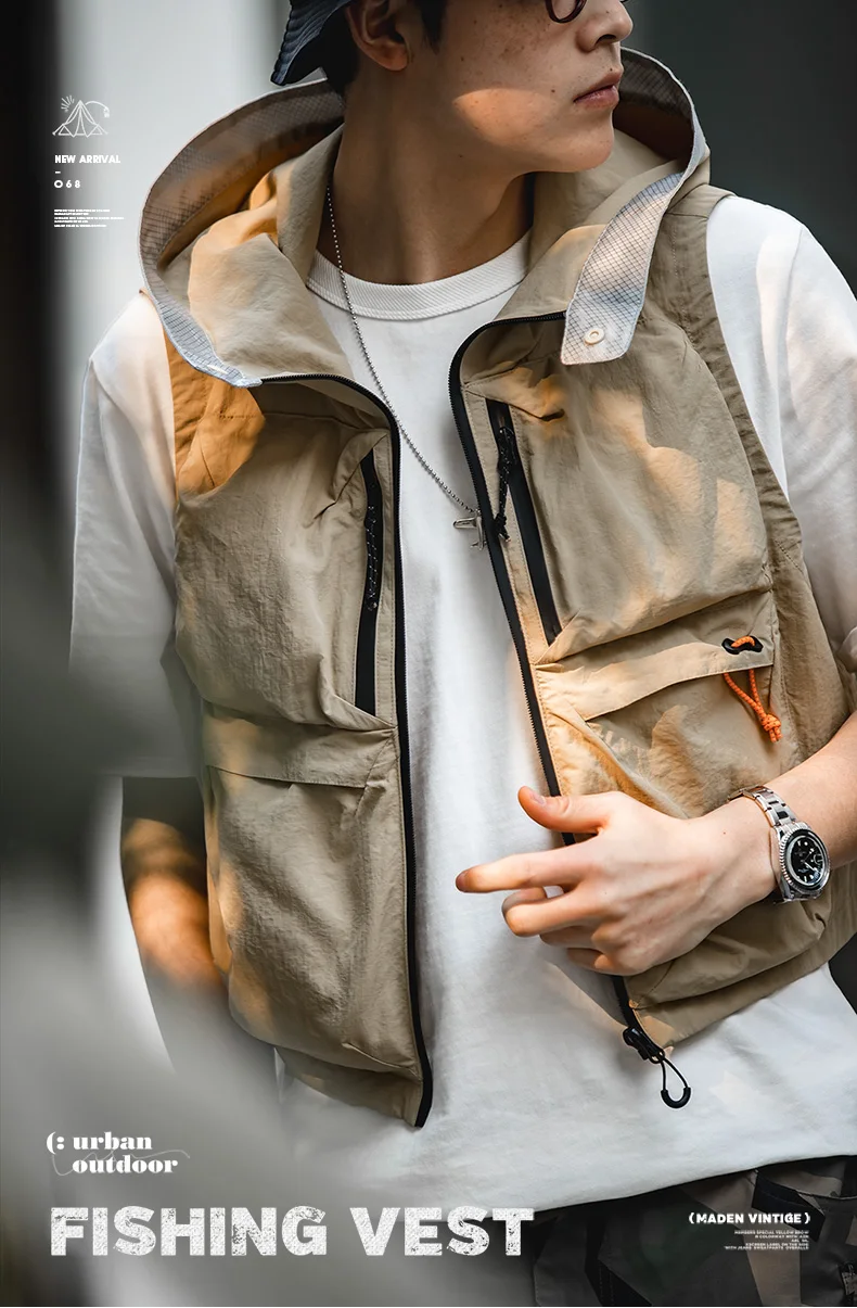 Maden Outdoor Quick Dry Men's Vest Multi-pocket Hooded Camping Fishing Mountain Waistcoat Tactical Hunting Sleeveless Jackets