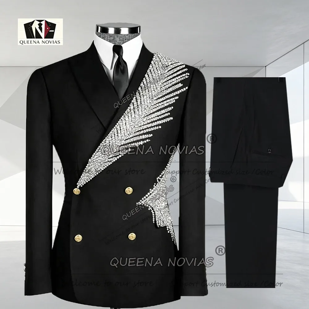 Handmade Heavy Beading Sequin Suits Men 2 Piece Sets Double Breasted Groom Prom Blazer Customized Man Wedding Tuxedo Trousers