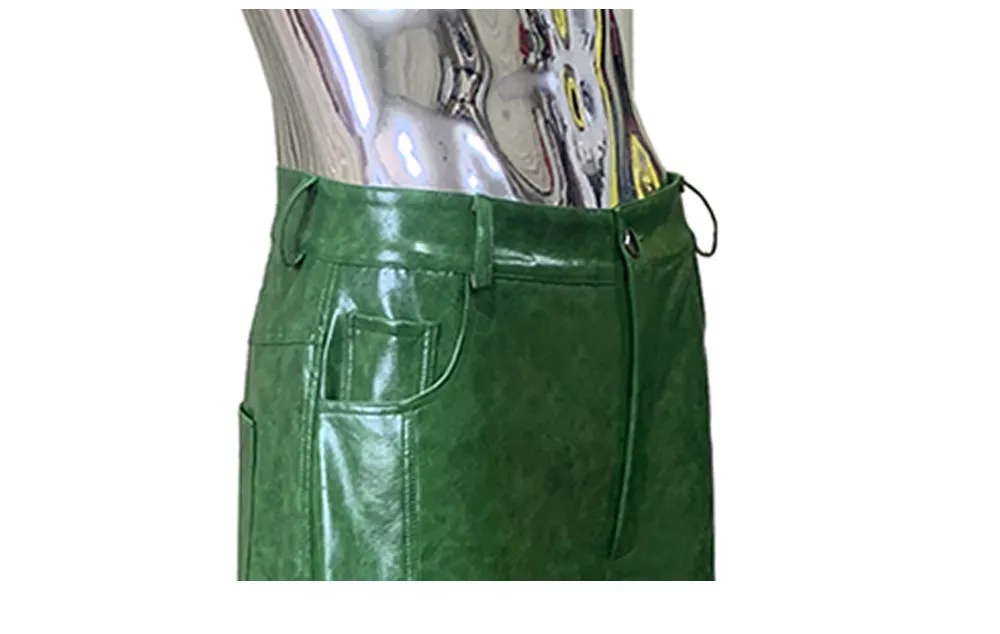 Nerazzurri Autumn Waterproof Baggy Long Shiny Bright Green Pu Leather Wide Leg Pants for Men Luxury Streetwear Menswear Clothes