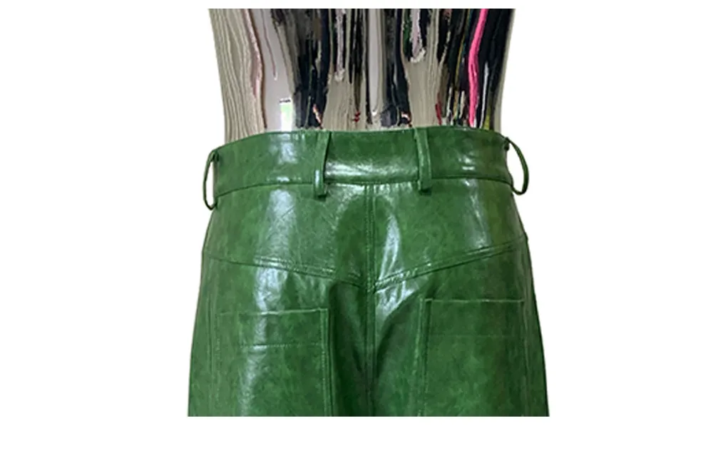 Nerazzurri Autumn Waterproof Baggy Long Shiny Bright Green Pu Leather Wide Leg Pants for Men Luxury Streetwear Menswear Clothes