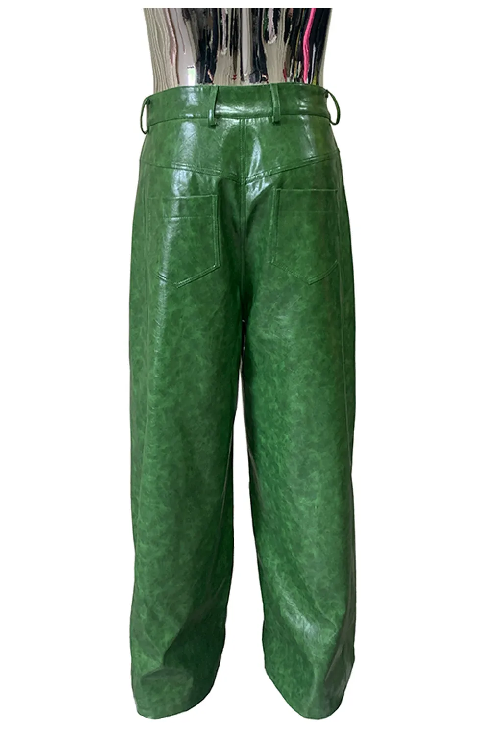 Nerazzurri Autumn Waterproof Baggy Long Shiny Bright Green Pu Leather Wide Leg Pants for Men Luxury Streetwear Menswear Clothes