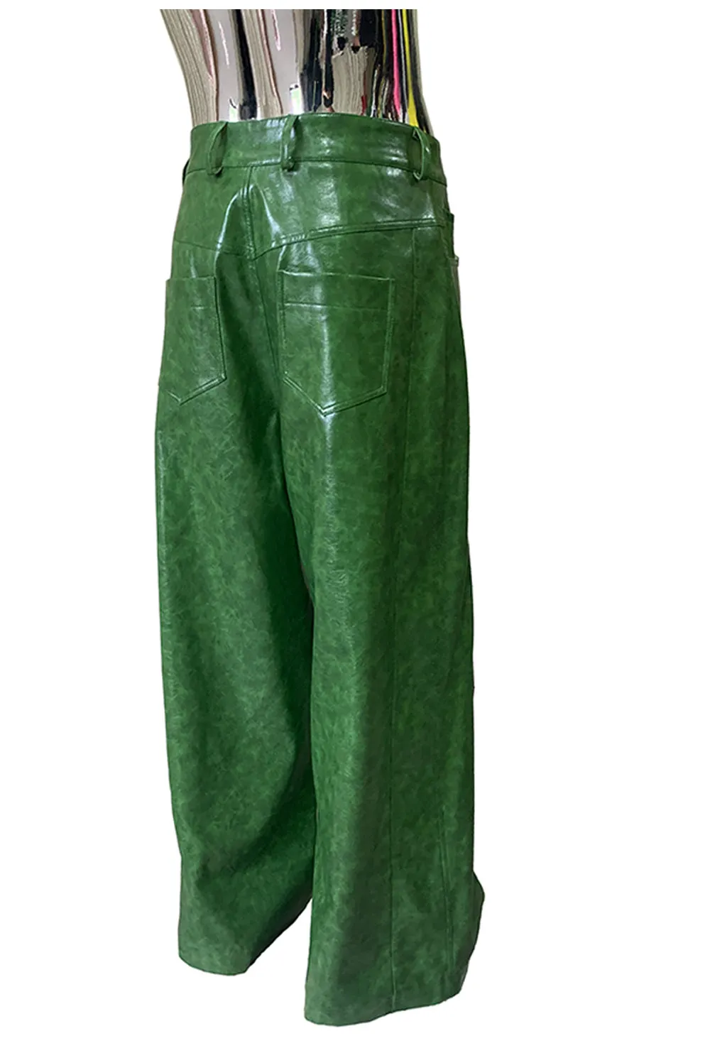Nerazzurri Autumn Waterproof Baggy Long Shiny Bright Green Pu Leather Wide Leg Pants for Men Luxury Streetwear Menswear Clothes