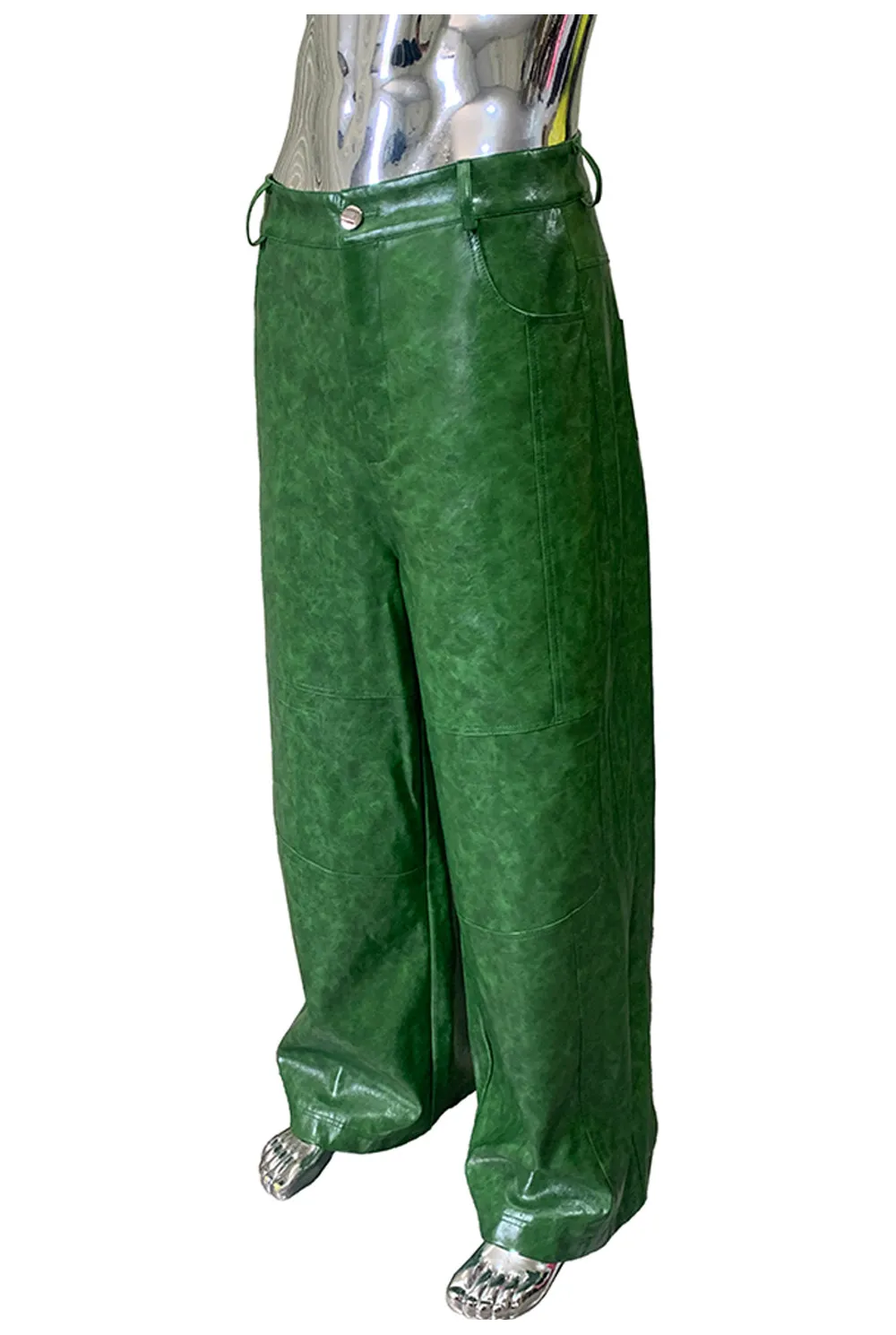 Nerazzurri Autumn Waterproof Baggy Long Shiny Bright Green Pu Leather Wide Leg Pants for Men Luxury Streetwear Menswear Clothes
