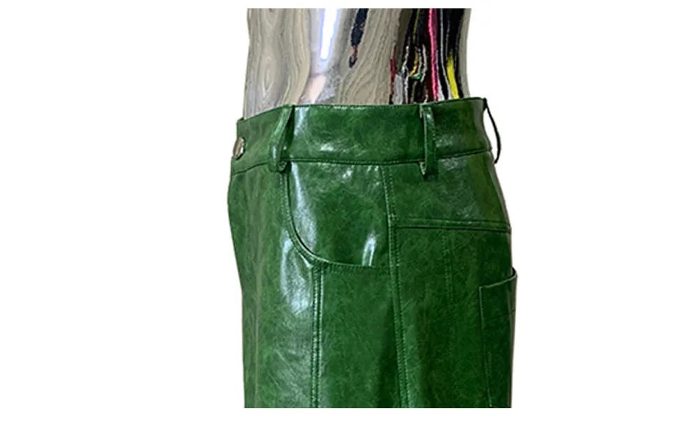 Nerazzurri Autumn Waterproof Baggy Long Shiny Bright Green Pu Leather Wide Leg Pants for Men Luxury Streetwear Menswear Clothes