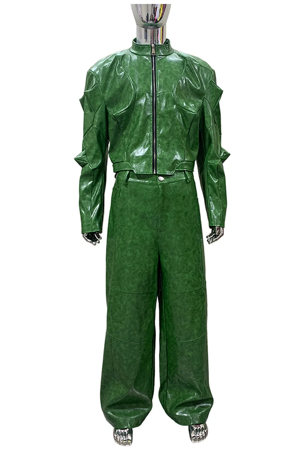 Nerazzurri Autumn Waterproof Baggy Long Shiny Bright Green Pu Leather Wide Leg Pants for Men Luxury Streetwear Menswear Clothes
