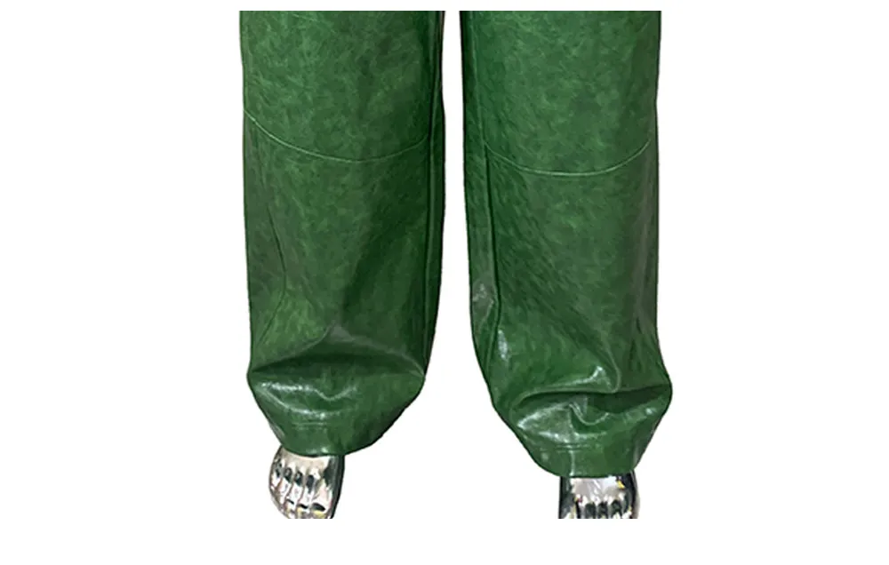 Nerazzurri Autumn Waterproof Baggy Long Shiny Bright Green Pu Leather Wide Leg Pants for Men Luxury Streetwear Menswear Clothes