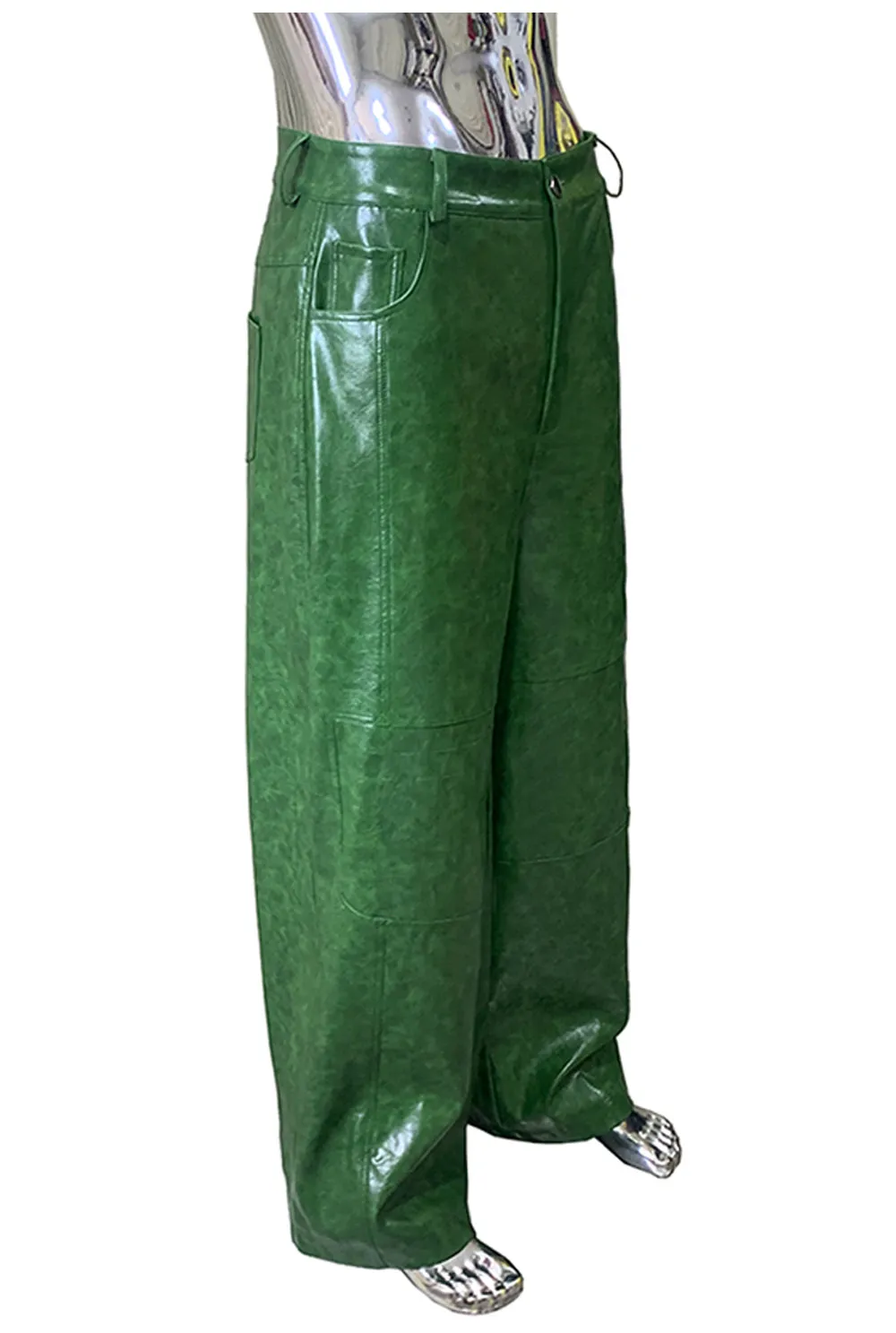 Nerazzurri Autumn Waterproof Baggy Long Shiny Bright Green Pu Leather Wide Leg Pants for Men Luxury Streetwear Menswear Clothes