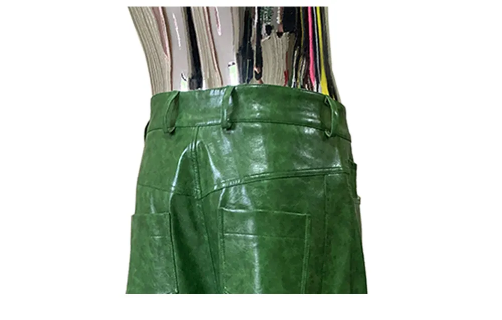Nerazzurri Autumn Waterproof Baggy Long Shiny Bright Green Pu Leather Wide Leg Pants for Men Luxury Streetwear Menswear Clothes