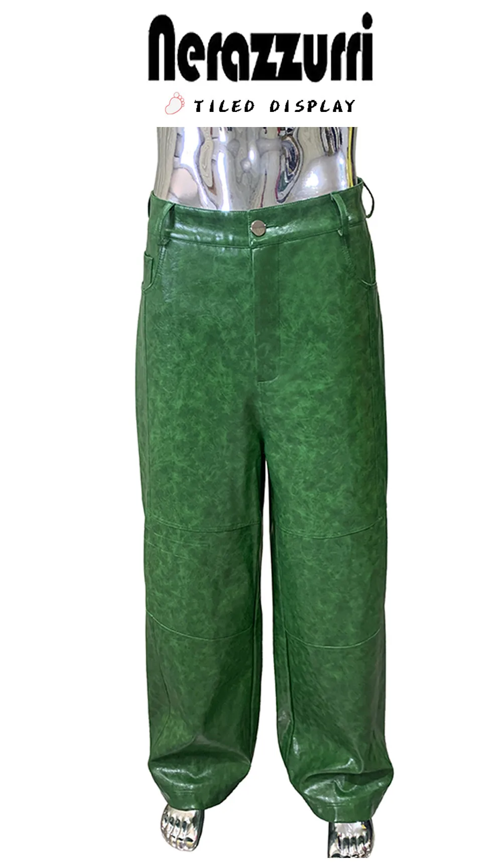 Nerazzurri Autumn Waterproof Baggy Long Shiny Bright Green Pu Leather Wide Leg Pants for Men Luxury Streetwear Menswear Clothes